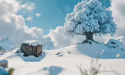a tree is standing in the snow in a mountainous area