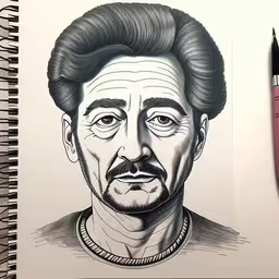this is a picture of the face of a man,the drawing shows a person with black hair and beard,an ink - art portrait of johnny mc scarlen is next to two pens,a pencil and some paper and pens on top of a notebook,a drawing of johnny wait by some pens