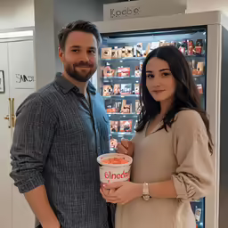a man and a woman stand next to an ice cream