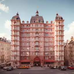 a very ornate old building next to several different buildings