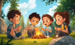 a group of kids sitting around a campfire