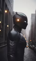an adult in a dark knight suit on the street