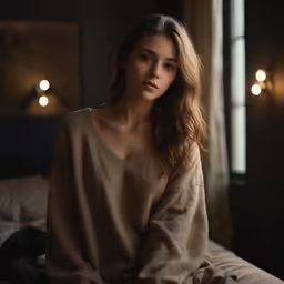 the young woman is wearing a light brown sweater