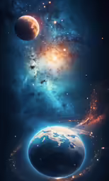 two planets are seen flying through the sky