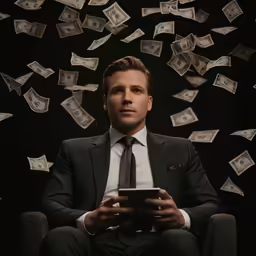 a man sitting in a chair while using a tablet and money is flying around him