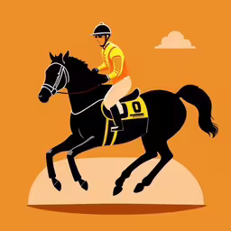a jockey on a horse is in mid motion,a man riding on the back of a black horse