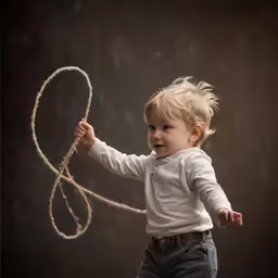 the baby is standing and reaching up with a string attached to it