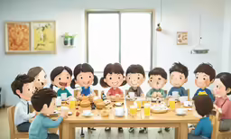 a group of people sitting at a table with food and drinks