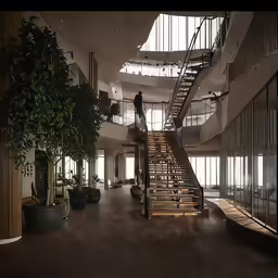 a very large building with some nice stairs and potted plants