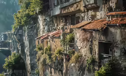 a rock cliff holds houses in front of it