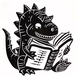 a black and white drawing of a dragon reading a book,a black and white drawing of a dragon reading a book