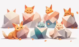 six colorfully designed cats with one laying in a box