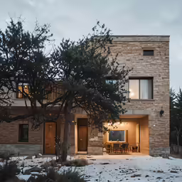 a house with trees on the front lawn and windows