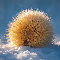 a spiky flower with white clouds in the background