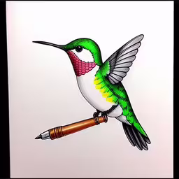 a drawing of a colorful hummingbird holding a fountain pen,a bird with a colored head sits on a piece of paper and looks upward at the camera
