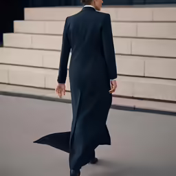 the back of a person walking down stairs