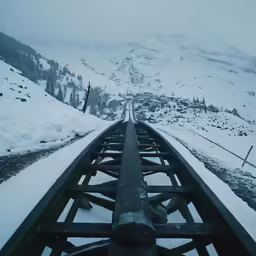view of railroad tracks from high up on snowy hill