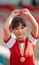 a person standing with their hands up with a medal on it