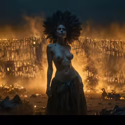 a woman with no breast and hair standing near a fire
