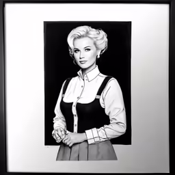 a black and white drawing of a young woman in a pinaforama