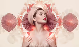 a beautiful woman in pink makeup, and large flowers