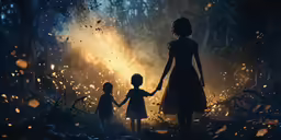 a woman and her child standing in front of a fire filled forest