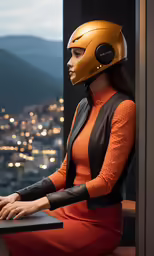 the model is wearing a metallic helmet and sitting at a table