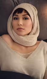 a woman laying down with a scarf around her head