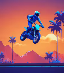 a man on a motorcycle jumping through the air,a person on a motorcycle is in the air with palm trees