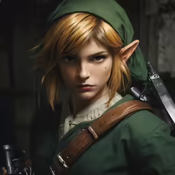 a video game character has red hair and green clothes