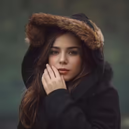 a woman standing and looking off into the distance with a hood on