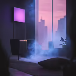 a room with fog moving around and purple walls