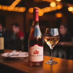 the bottle of wine is on the table next to the wine glass