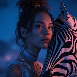 a woman standing next to a zebra