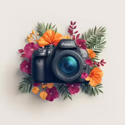 an image of a camera on top of a flower border