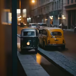 a green and yellow vw bus driving down the street