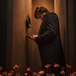 man using cell phone at wall mounted telephone