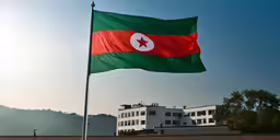 a flag is flying from the roof of a white building