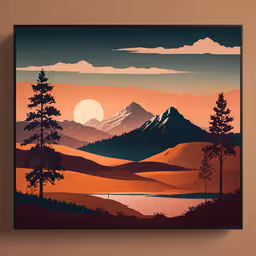 a painting of mountains that are silhouetted by the setting sun,the poster is displayed on the wall