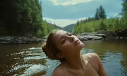 the woman is laying down in the water