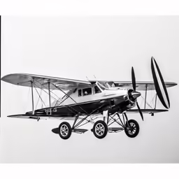 an old biplane flying through the sky in black and white