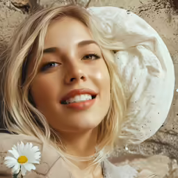 a lady with a flower in her hair and a dress