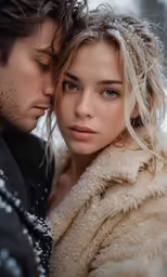 a beautiful blond in a fur coat and blue eyes with a man touching his head