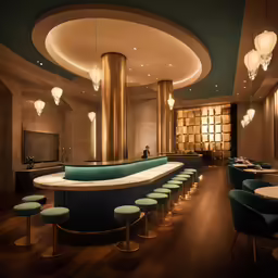 the large bar has stools around it
