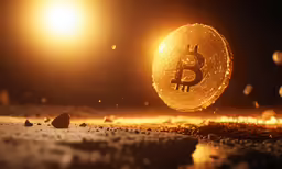 a lit up bitcoin sitting on the ground