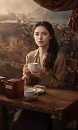 a woman is sitting at the table with coffee