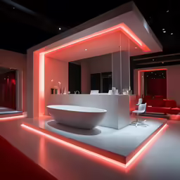 a large bathroom area with a free standing tub and lighting in the walls