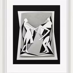 a black and white drawing with two people in the center