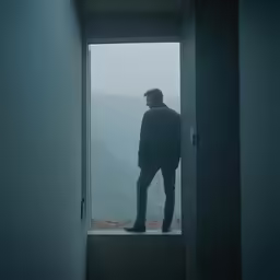 man standing in doorway of house with foggy mountains in background