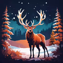 the elk is standing alone in the snow,a big antelope looking into the night sky